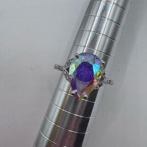 Ryze Party .925 Elegant Sterling Silver and Aura Borealis Teardrop Ring